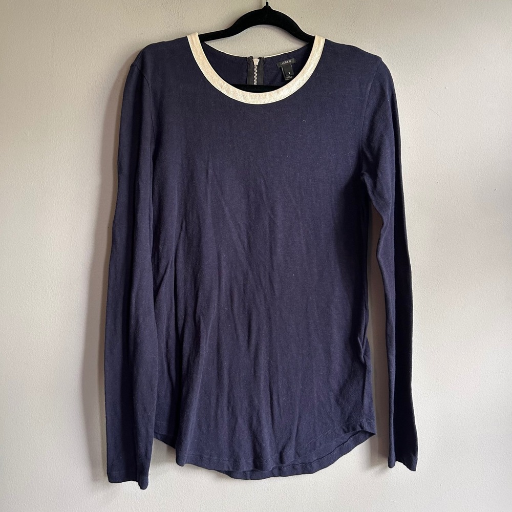 J.Crew Navy Blue Cotton Long Sleeve Top Metallic Trim Back Zip Small
